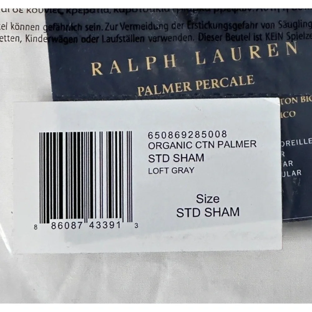 Ralph Lauren Palmer Percale Organic‎ Cotton Standard Sham Loft Gray New MSP $140